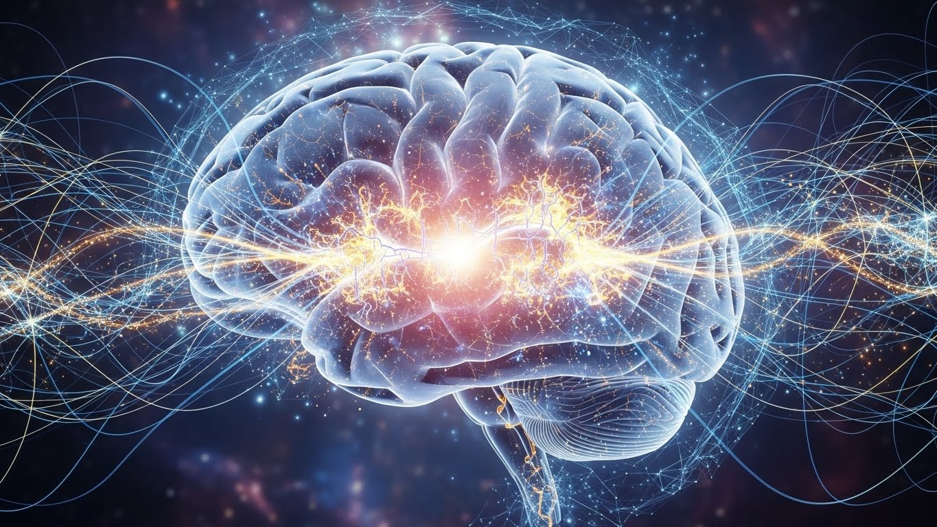 Sinir bağlantılarının parlayarak yenilendiği, beynin kendini onarma ve nöroplastisite sürecini sembolik olarak gösteren illüstrasyon.