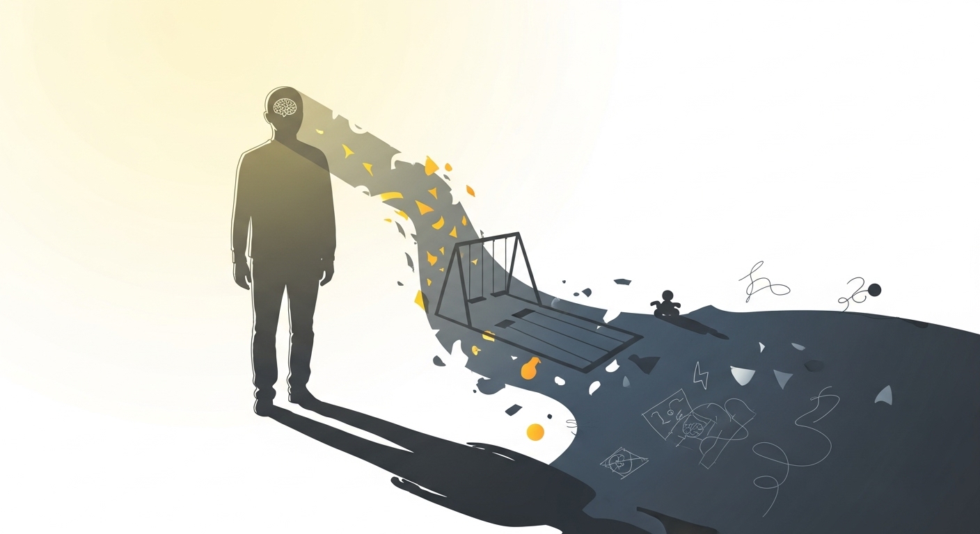 Çocukluk anılarını temsil eden bir gölge ile yetişkin silüetinin yer aldığı psikoloji temalı minimalist illüstrasyon.